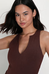 Trendy Endeavor Chocolate Brown Ribbed Notched Tank Top