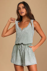 Perfect Lazy Day Sage Green Sleeveless Drawstring Lounge Romper