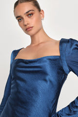 Adoring Charm Dark Blue Satin Long Sleeve Backless Mini Dress