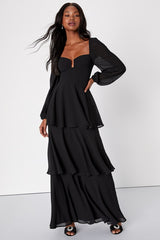 Tier to Enchant Black Long Sleeve Tiered Maxi Dress