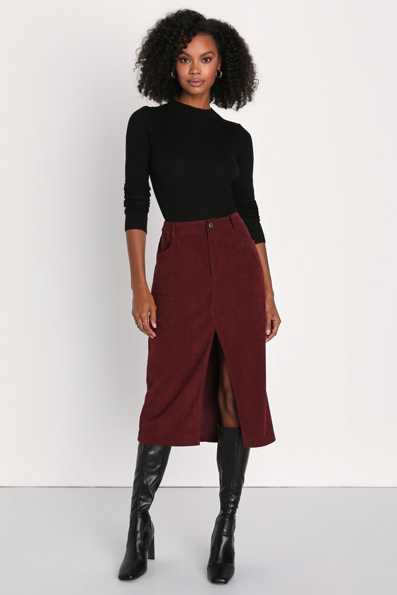 Refreshing Romance Burgundy Corduroy Midi Skirt
