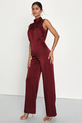 Classic Elegance Wine Red Satin Sleeveless Mock Neck Jumpsuit