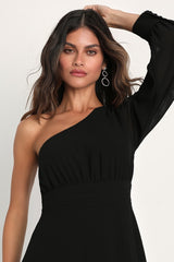 Graceful Elegance Black One-Shoulder Long Sleeve Maxi Dress