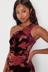 Unreal Awe Burgundy Floral Burnout Velvet One-Shoulder Dress
