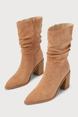 Penelopie Light Nude Suede Pointed-Toe Mid-Calf Boots