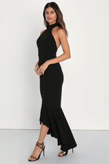 Elegant Grace Black Tiered Halter High-Low Maxi Dress