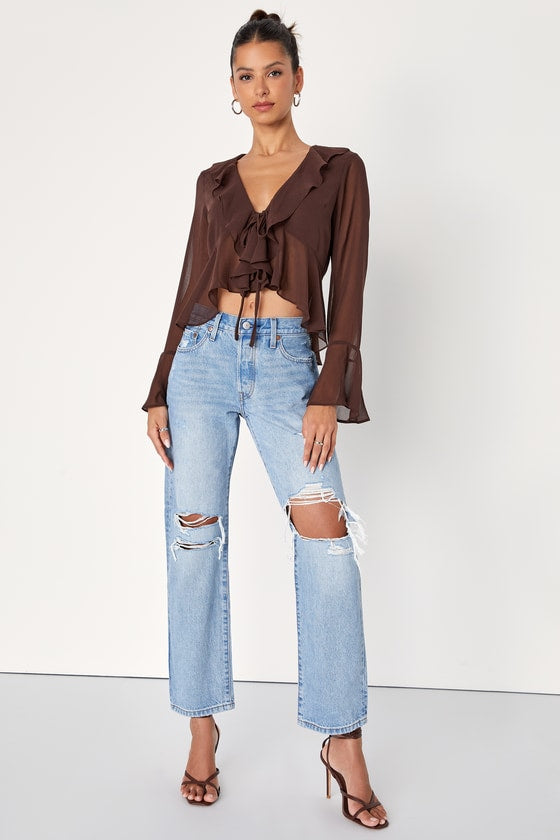 Thriving Flirt Brown Chiffon Ruffled Long Sleeve Tie-Front Top