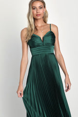 Fabulous Perfection Emerald Green Satin Pleated Midi Dress