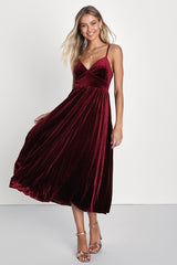 Unreal Charmer Burgundy Velvet Sleeveless Pleated Midi Dress
