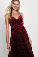 Unreal Charmer Burgundy Velvet Sleeveless Pleated Midi Dress