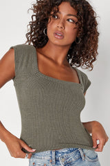 Impressively Cute Olive Green Ribbed Knit Short Sleeve Top