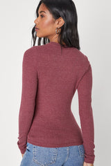Essential Fit Heather Mauve Purple Ribbed Knit Long Sleeve Top