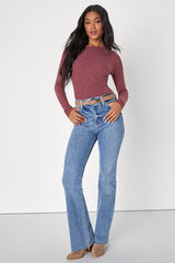 Essential Fit Heather Mauve Purple Ribbed Knit Long Sleeve Top