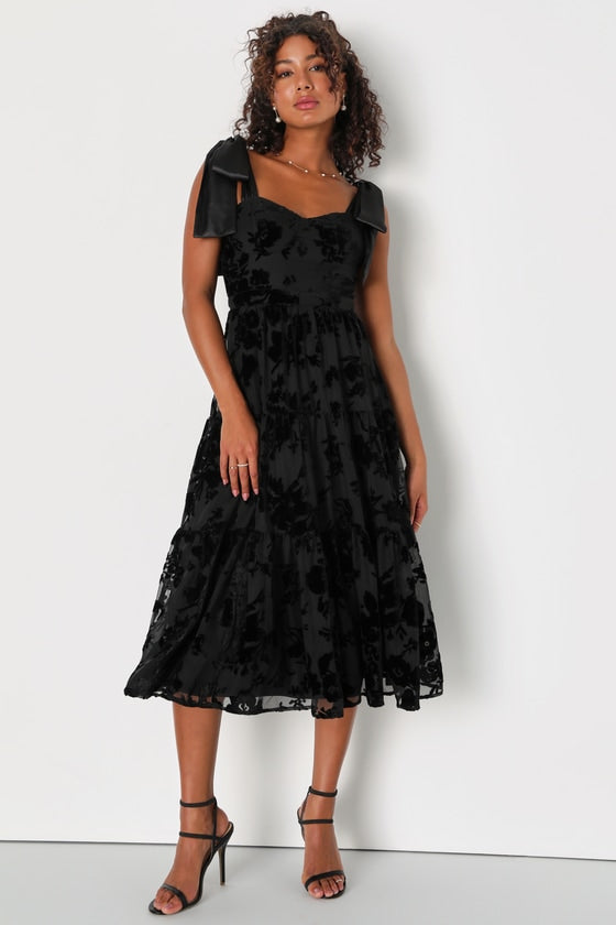 Sweet Essence Black Floral Burnout Velvet Tie-Strap Midi Dress