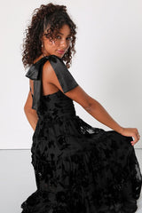 Sweet Essence Black Floral Burnout Velvet Tie-Strap Midi Dress