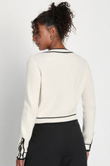 Impressively Iconic Ivory Waffle Knit Contrast Cardigan