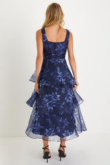 Dramatic Glamour Navy Blue Floral Organza Tiered Midi Dress