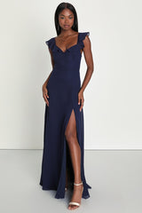Sweetest Entrance Navy Blue Ruffled Tie-Back Maxi Dress