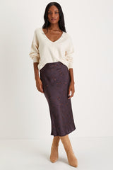 Refined Style Dark Purple Floral Print High-Waisted Midi Skirt