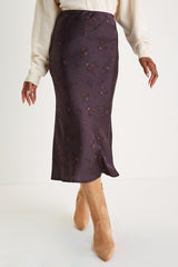 Refined Style Dark Purple Floral Print High-Waisted Midi Skirt