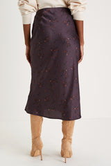 Refined Style Dark Purple Floral Print High-Waisted Midi Skirt