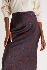 Refined Style Dark Purple Floral Print High-Waisted Midi Skirt