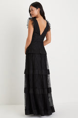 Marvelous Darling Black Lace Ruffled Tiered Maxi Dress