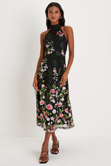 Blossoming Energy Black Floral Embroidered Halter Midi Dress