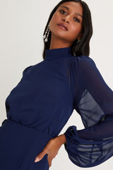 Graceful Entrance Navy Blue Long Sleeve Backless Maxi Dress