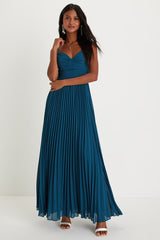 Sensational Charmer Teal Blue Pleated Sleeveless Maxi Dress