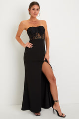 Sultry Persona Black Lace Strapless Bustier Mermaid Maxi Dress