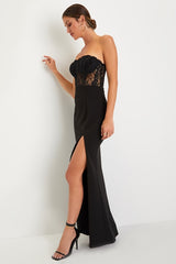 Sultry Persona Black Lace Strapless Bustier Mermaid Maxi Dress
