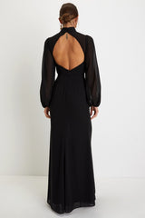 Graceful Entrance Black Long Sleeve Backless Maxi Dress