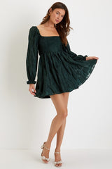 Darling Persona Emerald Green Jacquard Puff Sleeve Mini Dress