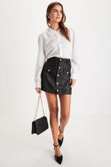 Posh Reputation Black Tweed Rhinestone Button-Front Mini Skirt
