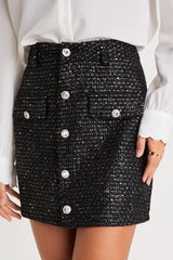 Posh Reputation Black Tweed Rhinestone Button-Front Mini Skirt