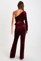 Extraordinary Vibe Burgundy Velvet One-Shoulder Jumpsuit