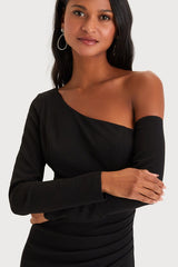 Elegant Sensation Black Asymmetrical Pleated Maxi Dress