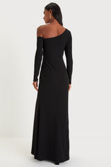 Elegant Sensation Black Asymmetrical Pleated Maxi Dress