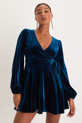 Sincerely Charming Dark Teal Velvet Long Sleeve Wrap Mini Dress