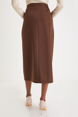 Perfect Sophistication Brown Twill Button Wrap Midi Skirt
