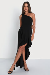 Dramatic Persona Black One-Shoulder Ruffled Maxi Dress
