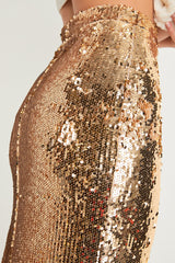 Dazzling Appearance Gold Sequin High-Rise Midi Skirt