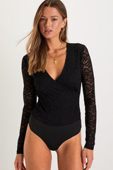 Adorable Embrace Black Lace Long Sleeve Bodysuit