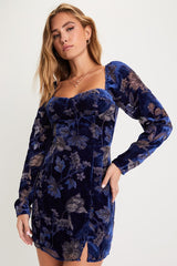 Simply Decadent Navy Floral Velvet Burnout Bustier Mini Dress