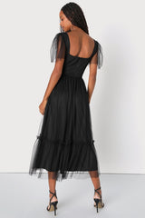 Dreamy Celebration Black Tulle Bustier Swiss Dot Midi Dress