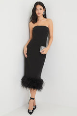 Fancy Behavior Black Bustier Strapless Feather Midi Dress