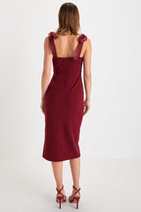 Romantic Celebration Burgundy Tie-Strap Bodycon Midi Dress