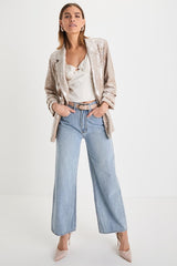 Radiant Behavior Beige Sequin Ruched Sleeve Blazer