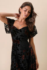 Lovely Purpose Black Velvet Floral Burnout Lace-Up Midi Dress